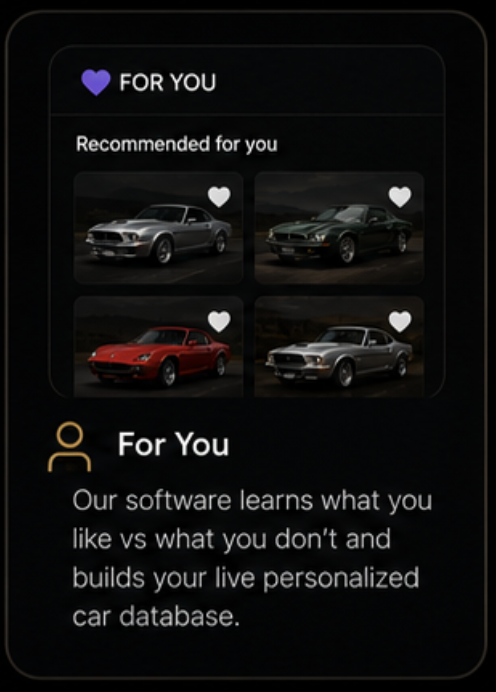 For You — our software learns what you like versus what you don't and builds a live personalized car database.