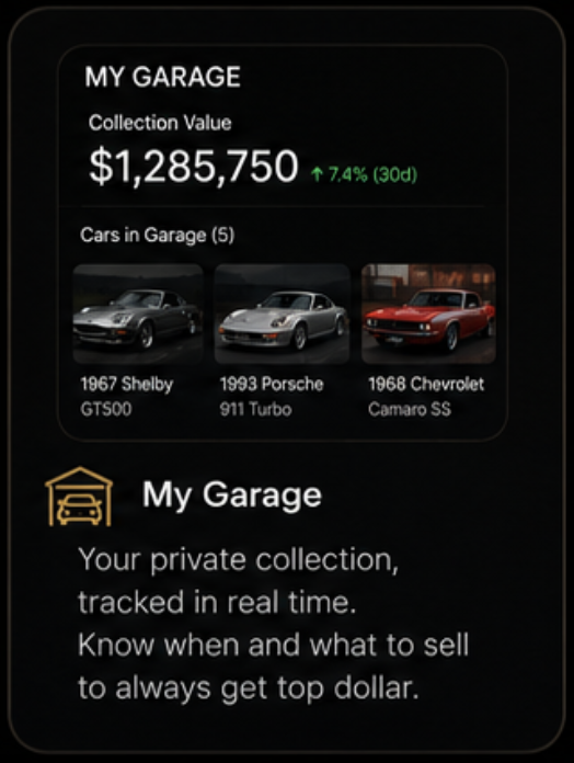 My Garage — your private collection, valued in real time so you know when and what to sell.